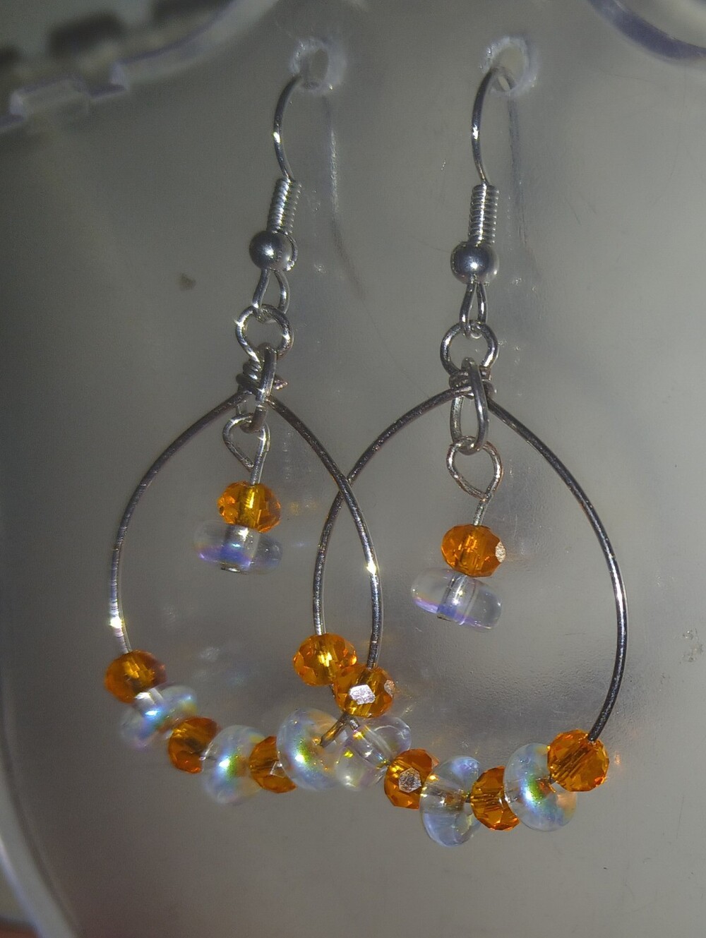 Hand Crafted Silver-Tone Hoop Earrings with Orange and Iridescent Beads